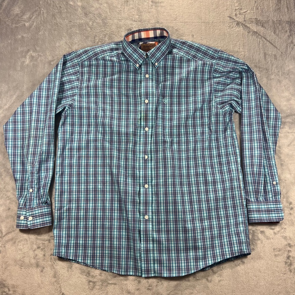 ARIAT Button Down Shirt Mens Large Teal Blue Orange Wrinkle-Free Plaid Workwear